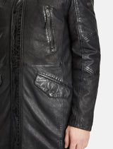 Herren lange Lederjacke Langjacke mit abnehmbarer Kapuze - GMEsmond LCOUNTV W in schwarz