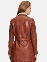 Damen Leder Kurzmantel mit weichem Kragen und Gürtel - GWTamala LARIV W in cognac