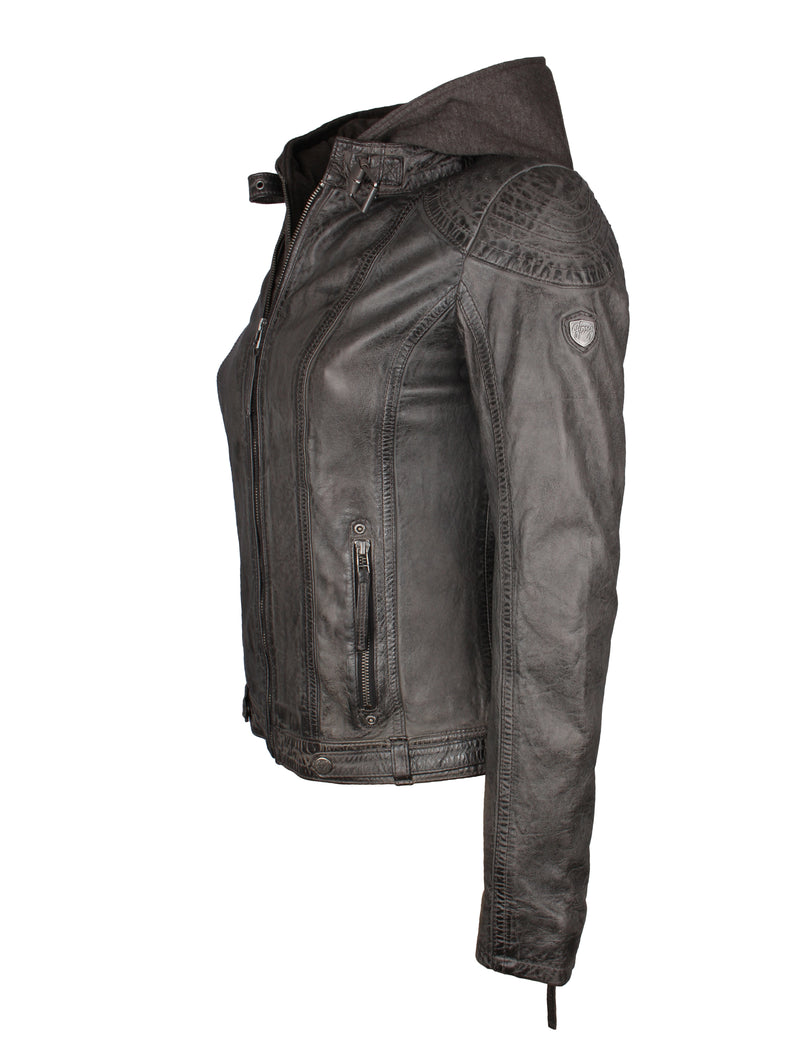 Damen Leder Bikerjacke mit abnehmbarer Kapuze - Gipsy Cacey in anthrazit