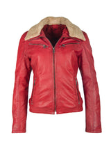 Damen Bikerjacke mit abnehmbarem Fellkragen und Patches - Dhara in rot