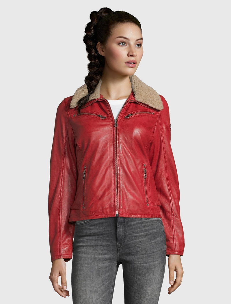 Damen Bikerjacke mit abnehmbarem Fellkragen und Patches - Dhara in rot