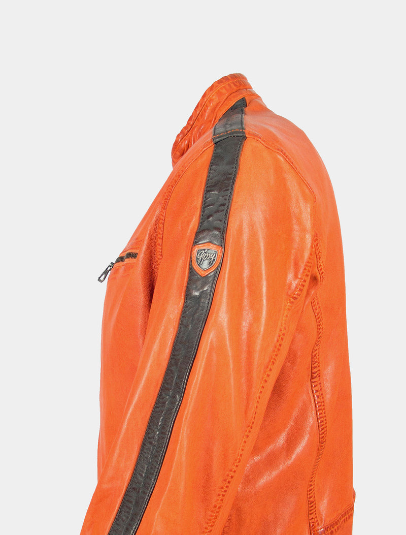 Kurze Herren Racer Lederjacke mit Kontrastfarbe Streifen an Armen - GBFlori LAROV in orange