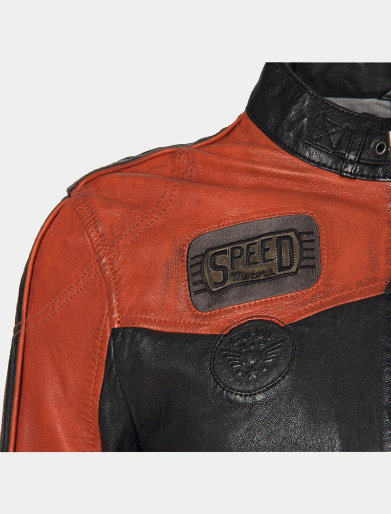 Herren Bikerjacke Lederjacke mit Patches und Einsätzen - GBTroon SF in schwarz orange