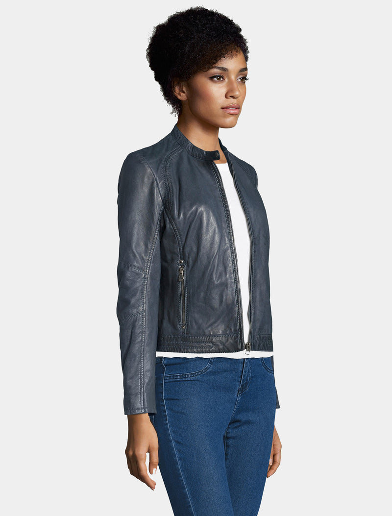 Klassische Damen Biker Lederjacke mit Stehkragen - GGNidel LAMAS in ash blue
