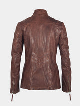 Damen lange Lederjacke mit geflochtenen Lederstreifen im Used Look - GGSaija LLAV in braun