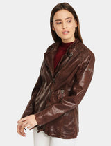 Damen lange Lederjacke mit geflochtenen Lederstreifen im Used Look - GGSaija LLAV in braun