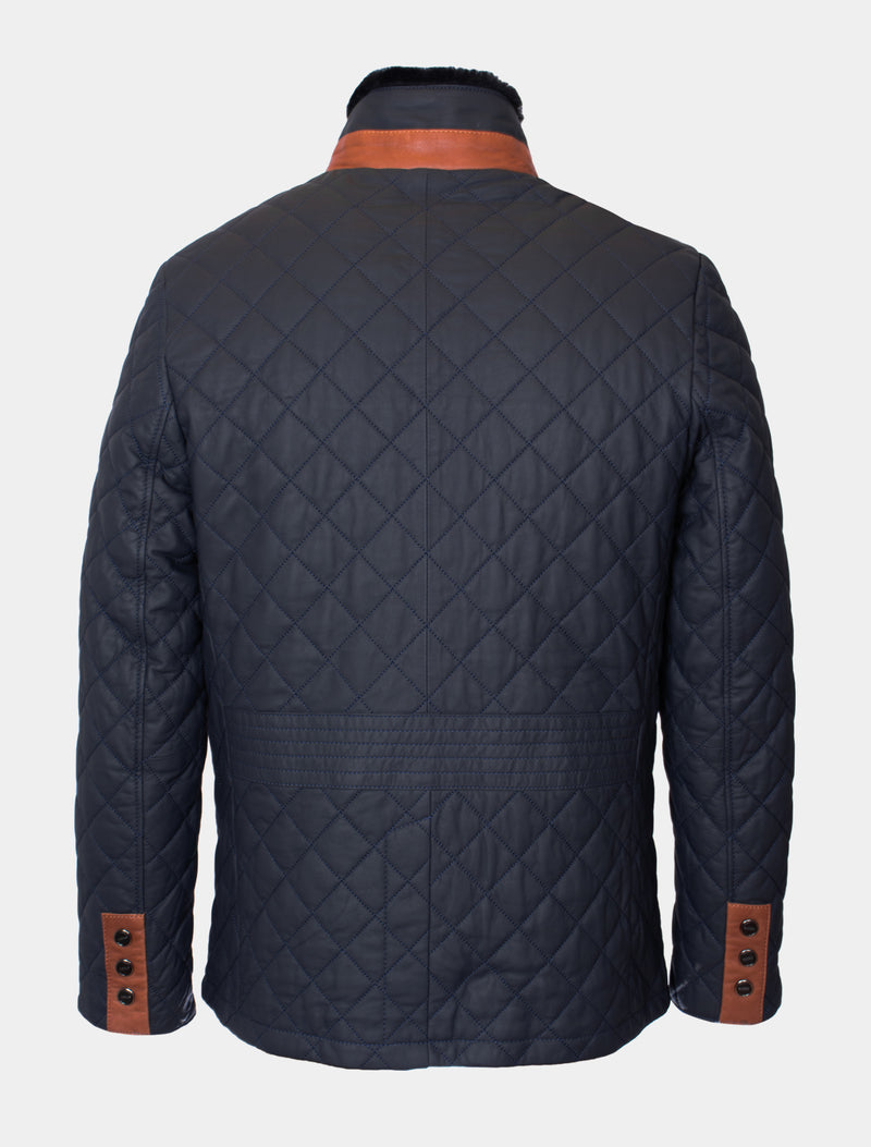 Gesteppte Winter Herren Lederjacke Steppjacke mit Lammfell gefüttert - Leno Lammfell in dunkelblau braun
