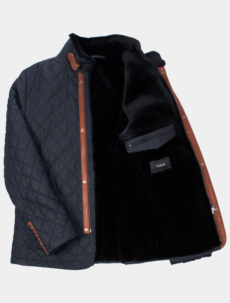 Gesteppte Winter Herren Lederjacke Steppjacke mit Lammfell gefüttert - Leno Lammfell in dunkelblau braun