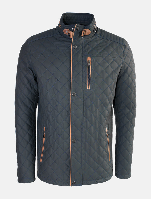 Gesteppte Herren lang Lederjacke in Sakko Länge - Apollo in dunkelblau braun