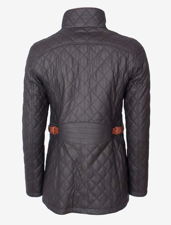 Lange und elegante Damen Lederjacke mit feiner Steppung - Juna in schwarz braun