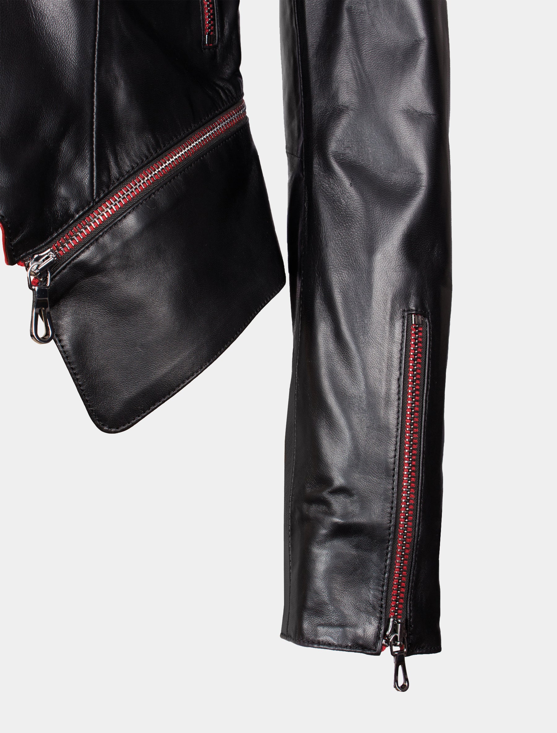 Kurze Damen Lederjacke mit roten Reißverschlüssen - Liya in schwarz / rot