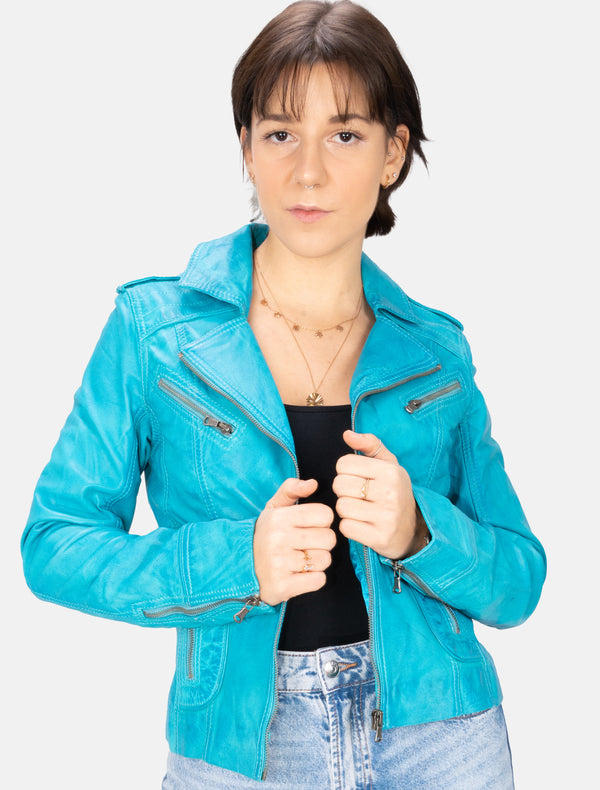 Damen Biker Lederjacke mit Reverskragen - Mariah in fabulous blue
