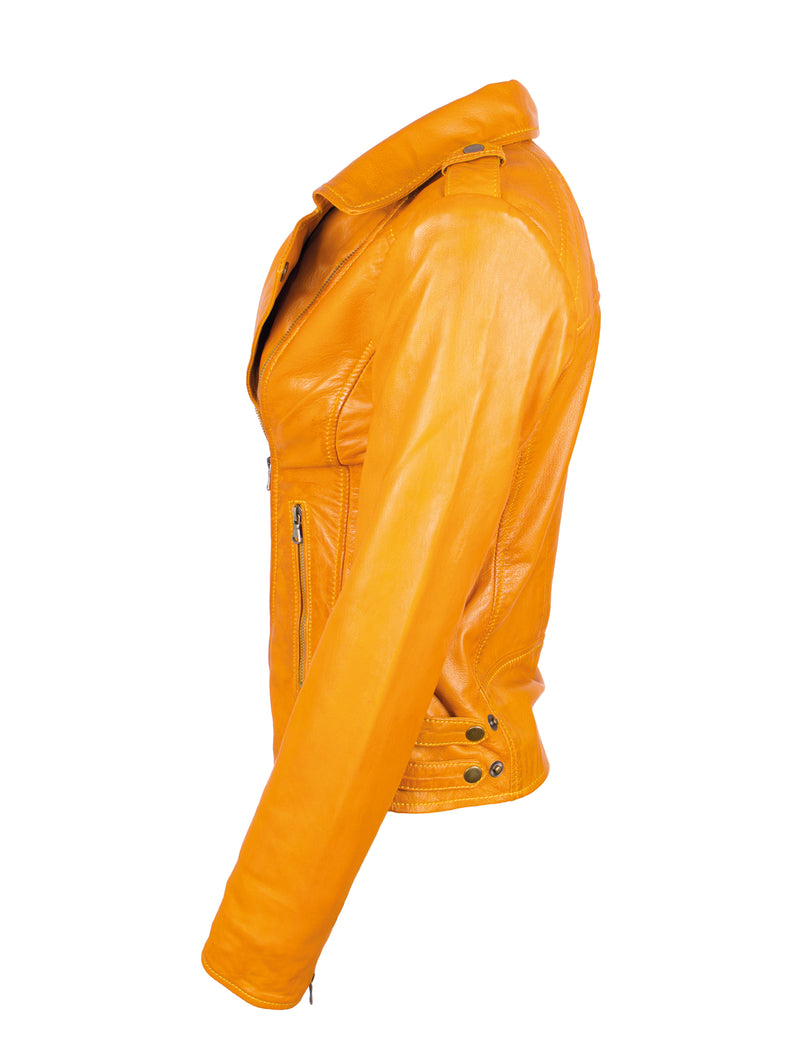Damen Lederjacke im Bikerstil aus Lammleder - 1123 in mustard (senf gelb)