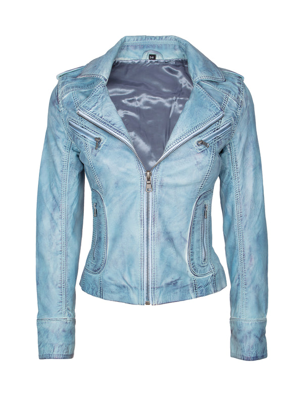 Kurze Damen Lederjacke in Jeans farben/ hellblau mit Umlegekragen - Zoia in crust blue