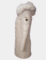 Damen Daunenmantel lange Daunenjacke mit abnehmbarer Echtfell Kapuze - Ciara in light beige/bleached