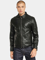 Herren Biker Lederjacke mit Stehkragen und grauer Kapuze - Rylo LAKEV in schwarz
