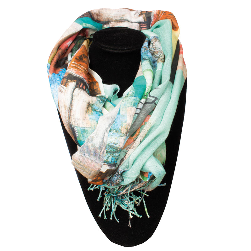 Damen Schal mit farblichen Muster und Fransen - Anela S3 in türkis